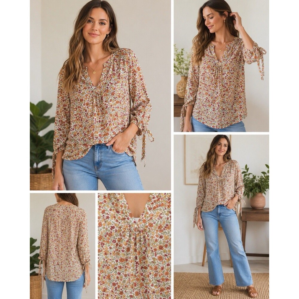 Cynthia Rowley Floral Boho Blouse Rayon Cottagecore Tie Sleeve Top L